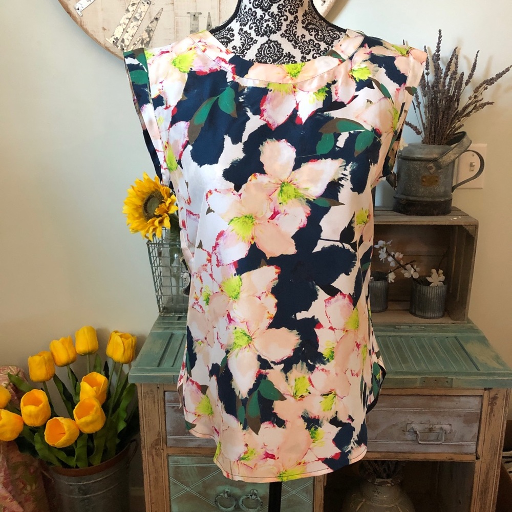 J.Crew Sleeveless Blue Floral Print Silk Top